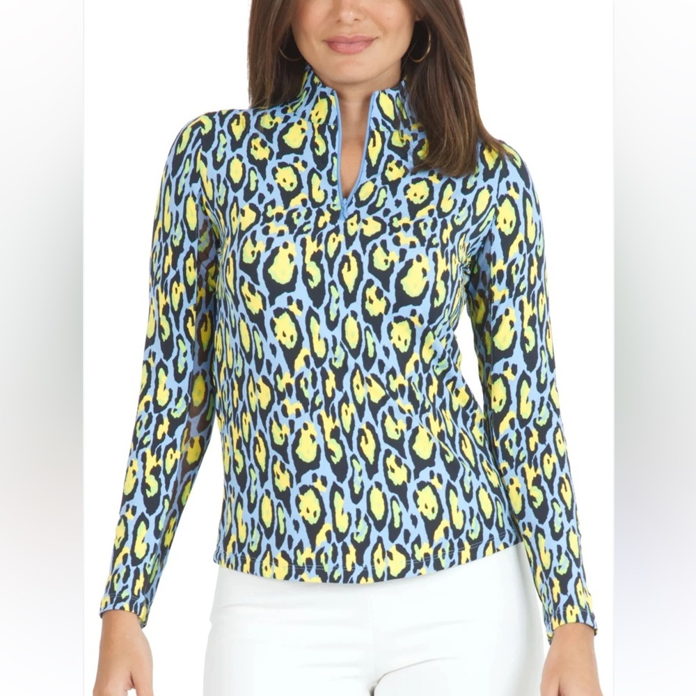 IBKUL GEMMA Periwinkle Multi Leopard Long Sleeve Mock Golf Shirt Size Large